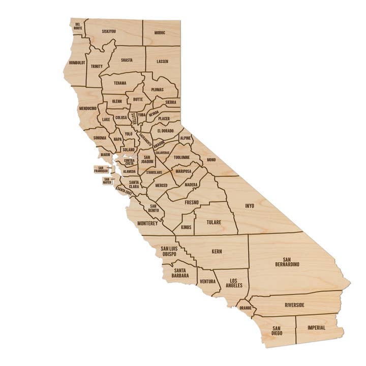 California County Map Wall Hanging - Crafted from Cherry or Maple Wood for wholesale by LazerEdge