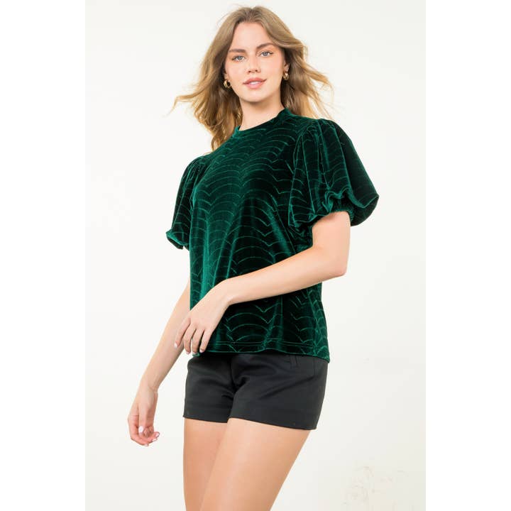 GREEN Puff Sleeve Velvet Top for wholesale on Faire1