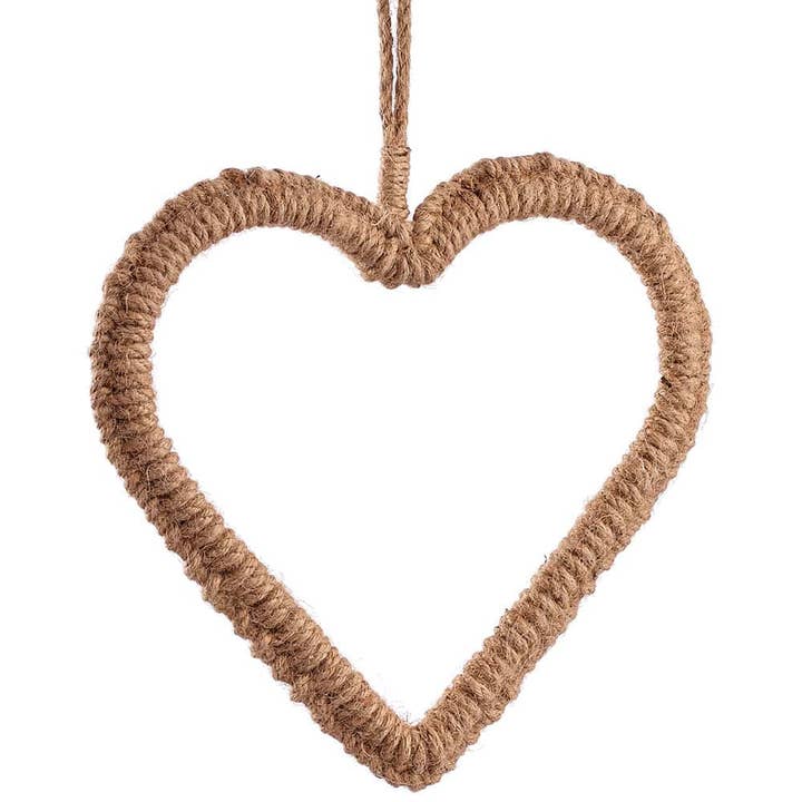 8" Braided Jute Heart Ornament Brown for wholesale by Silk Flower Depot