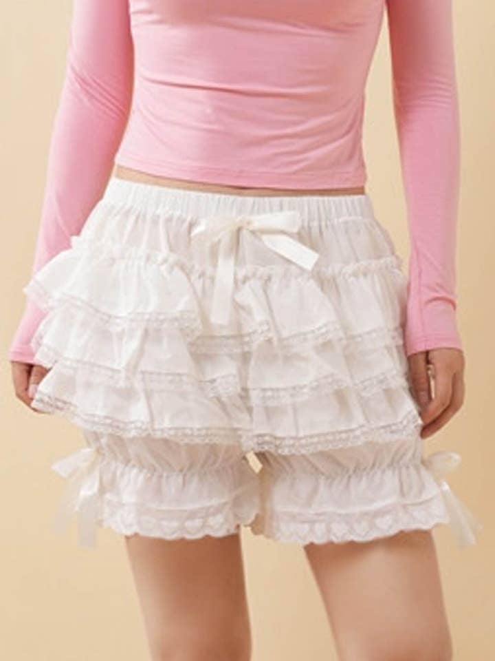 White Ladies Color Block Ruffle Lace Bowknots Pumpkin Shorts for wholesale on Faire0