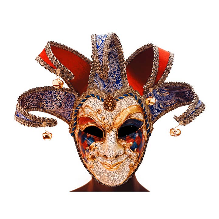Deluxe Blue, Red and Gold Venetian Jester Mask for wholesale by KBW Global Corp.