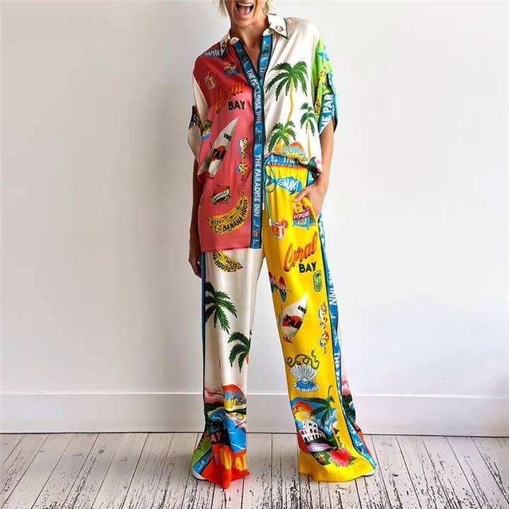 Set aus bedrucktem Kurzarmhemd und Hose in lockerer Passform für den Großhandel von UZ Wholesale Store