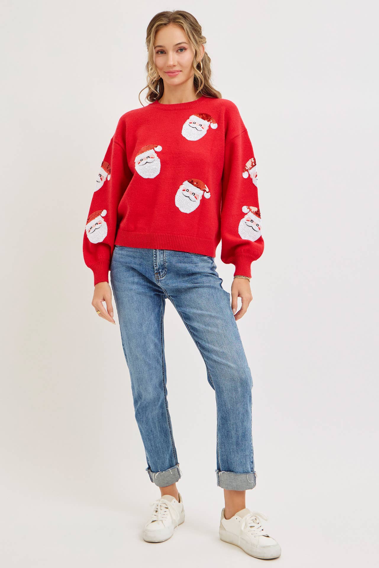 Red FESTIVE CHRISTMAS HOLIDAY SANTA SEQUIN SWEATER for wholesale on Faire9