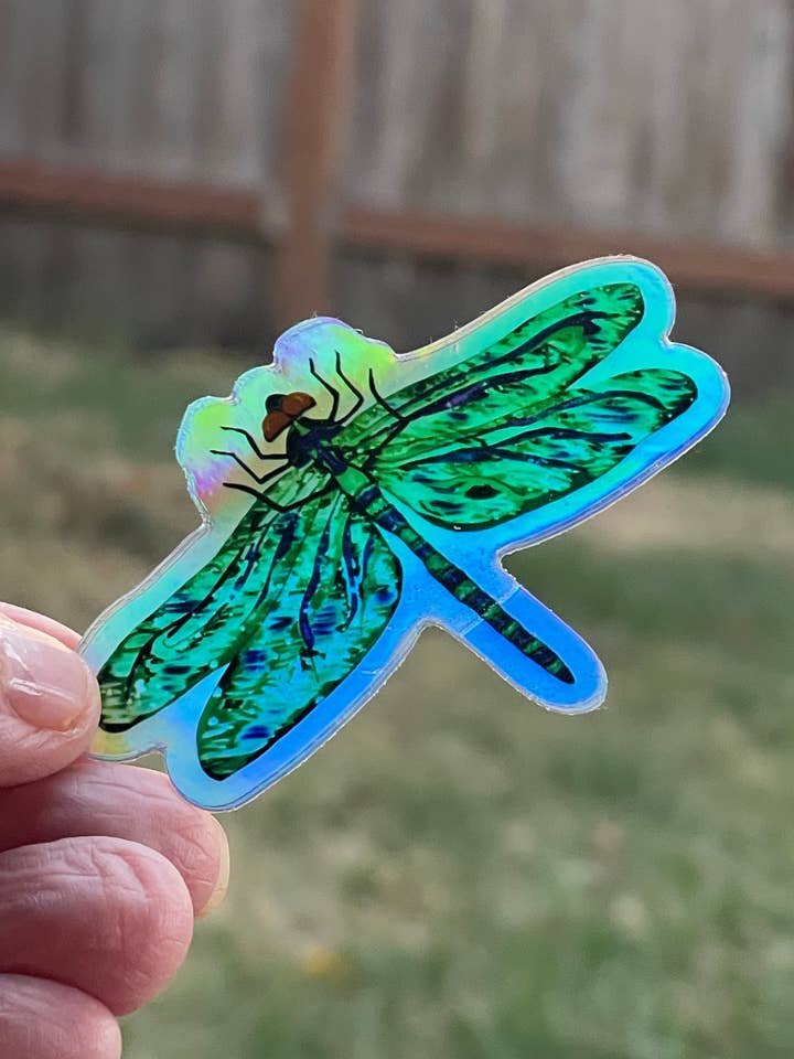 Holographic Green Dragonfly Vinyl Sticker - Iridescent Nature Decal with Rainbow Shimmer Effect for wholesale by Color Crumbs Club
