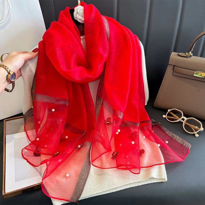 PEACH ACCESSORIES - Wholesale Scarf - Women's - Silk Scarf with Embroidered Bows & Pearls SK26