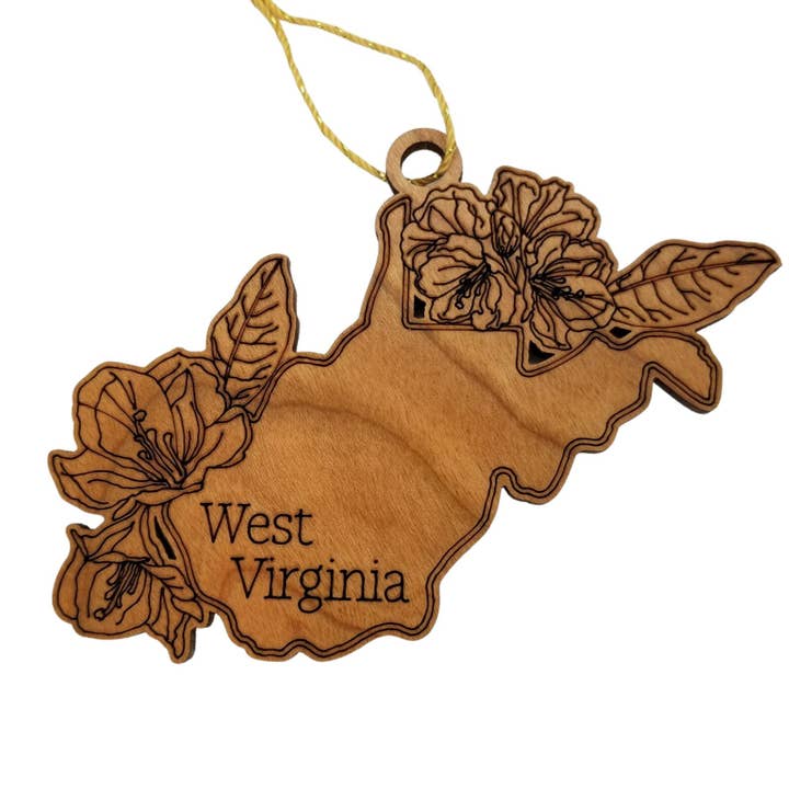 West Virginia Wood Ornament - WV State Shape with State Flowers Rhododendron - Handmade Wood Ornament Made in USA Christmas Decor for wholesale by Happy Wood Products