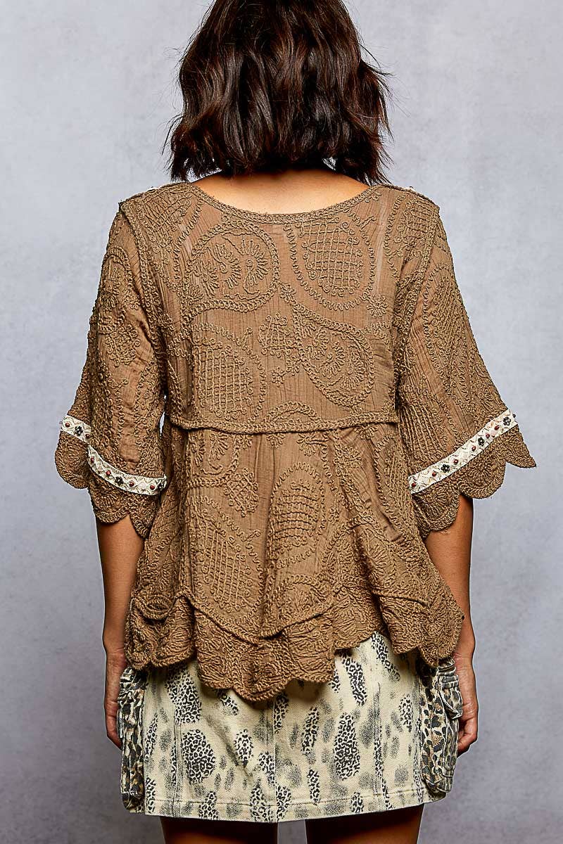 Pol Clothing - Wholesale Blouse - Women's - Short Sleeve Adjustable Drawstring Crochet V Neck Top13