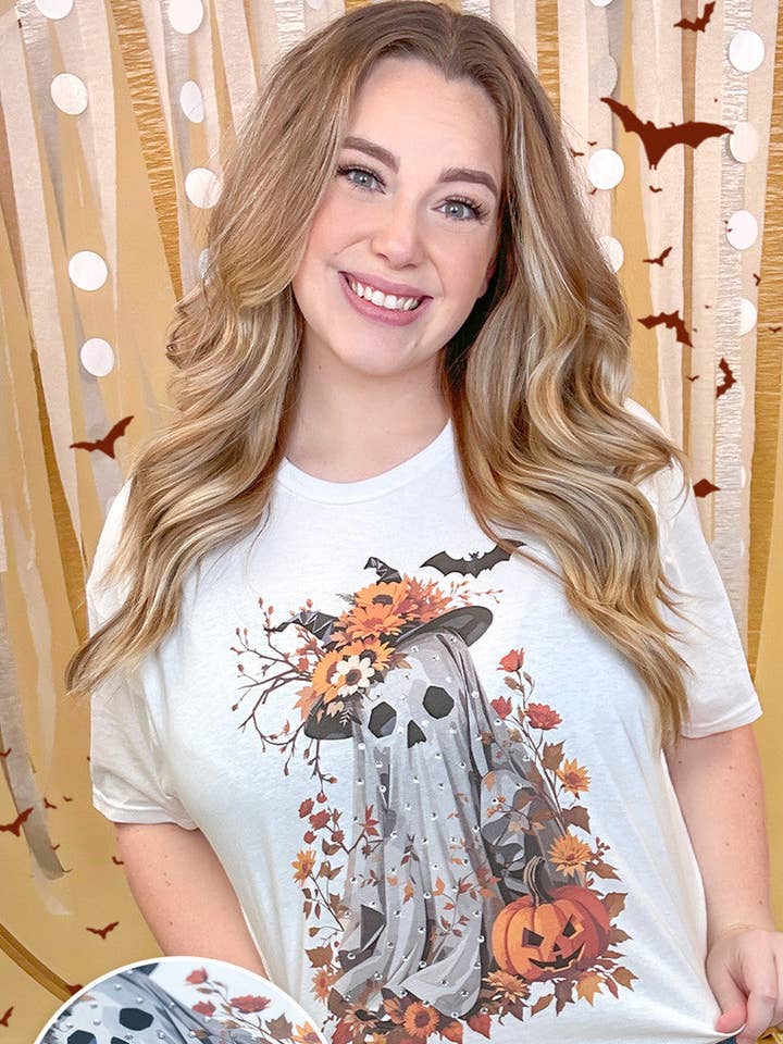 Gaudy Ghost Rhinestone Graphic Shirt for wholesale by Sugar Stitch