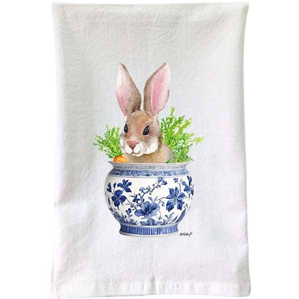 Brown Bunny in Blue & White Pot Flour Sack Towel for wholesale by B McVan Designs