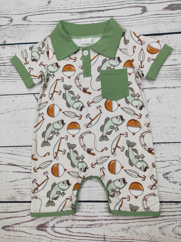Baby Boy Fishing Lure Printed Romper for wholesale by sassy kids palace