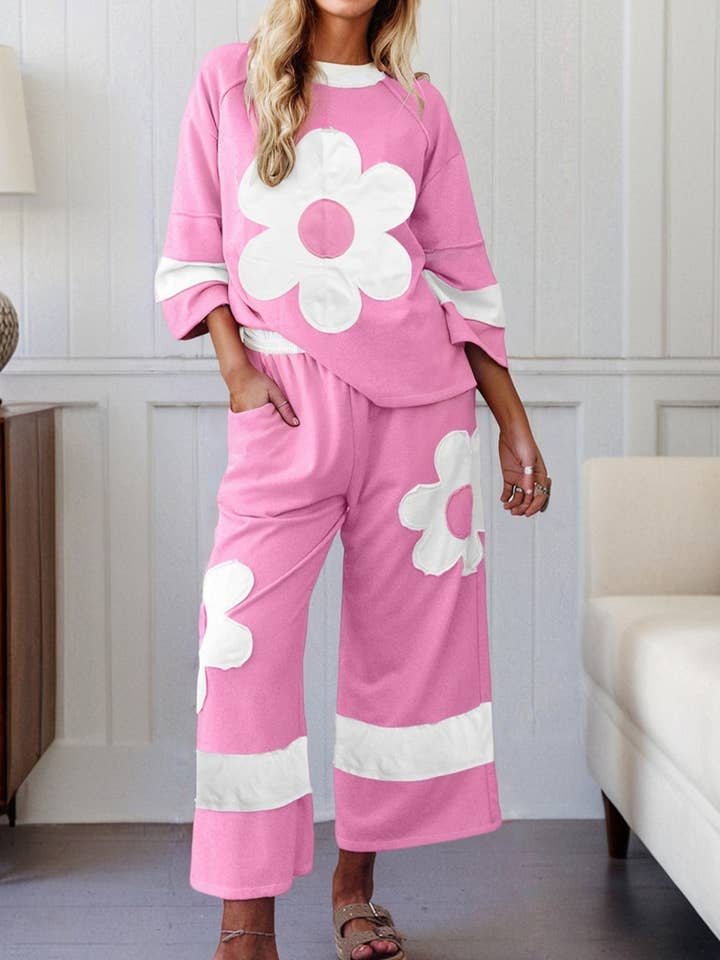 Orchid Bouquet Big Flower Patched Raw Seam Color Block 2 Piece Loose Pant Set for wholesale on Faire8