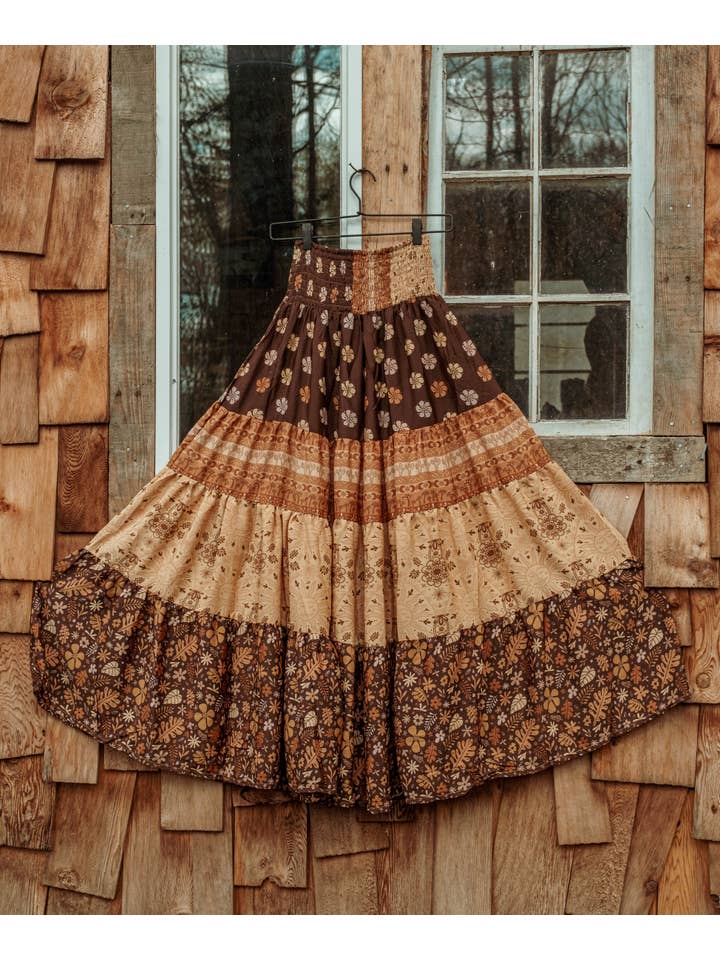 Gardenbelle Shop - Wholesale Skirt - Women's - Bohemian Earthy Print Tiered Maxi Skirt, Hippie Boho Dress