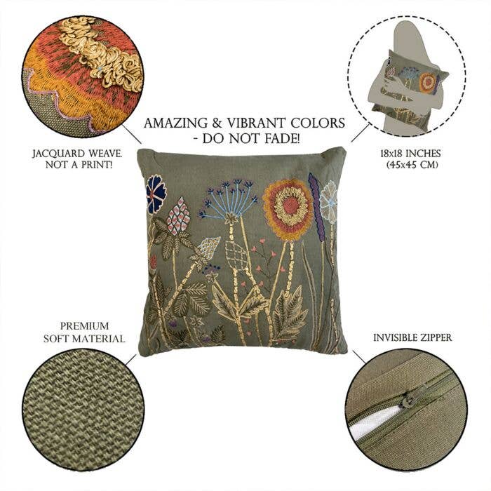 STP - Wholesale Throw/Decorative Pillow - Wild Flowers Cotton Embroidered Pillow in Light Gray2