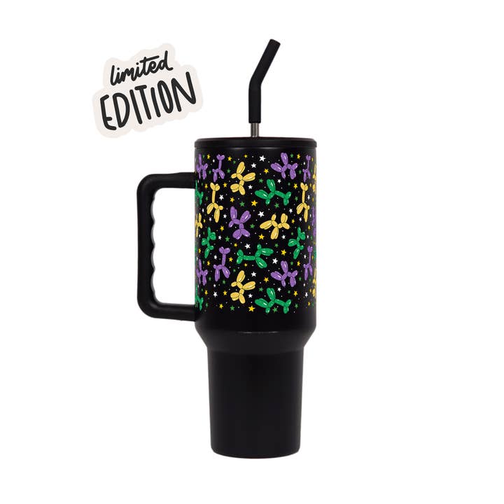 Limitierte Edition Metall: "Balloon Dog Mardi Gras" Becher mit Griffdeckel & Strohhalm für den Großhandel von Sip-Sip Hooray!