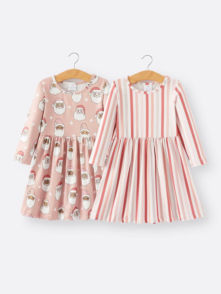 Girls Christmas Santa Print Stripe Dress 2-piece Set for wholesale by Rylee Faith Designs