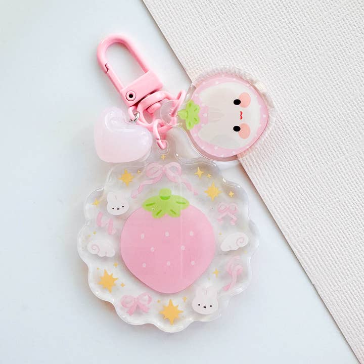 Strawberry Trinket Acrylic Keychain with Cat Charm & Heart for wholesale by PekoPuff