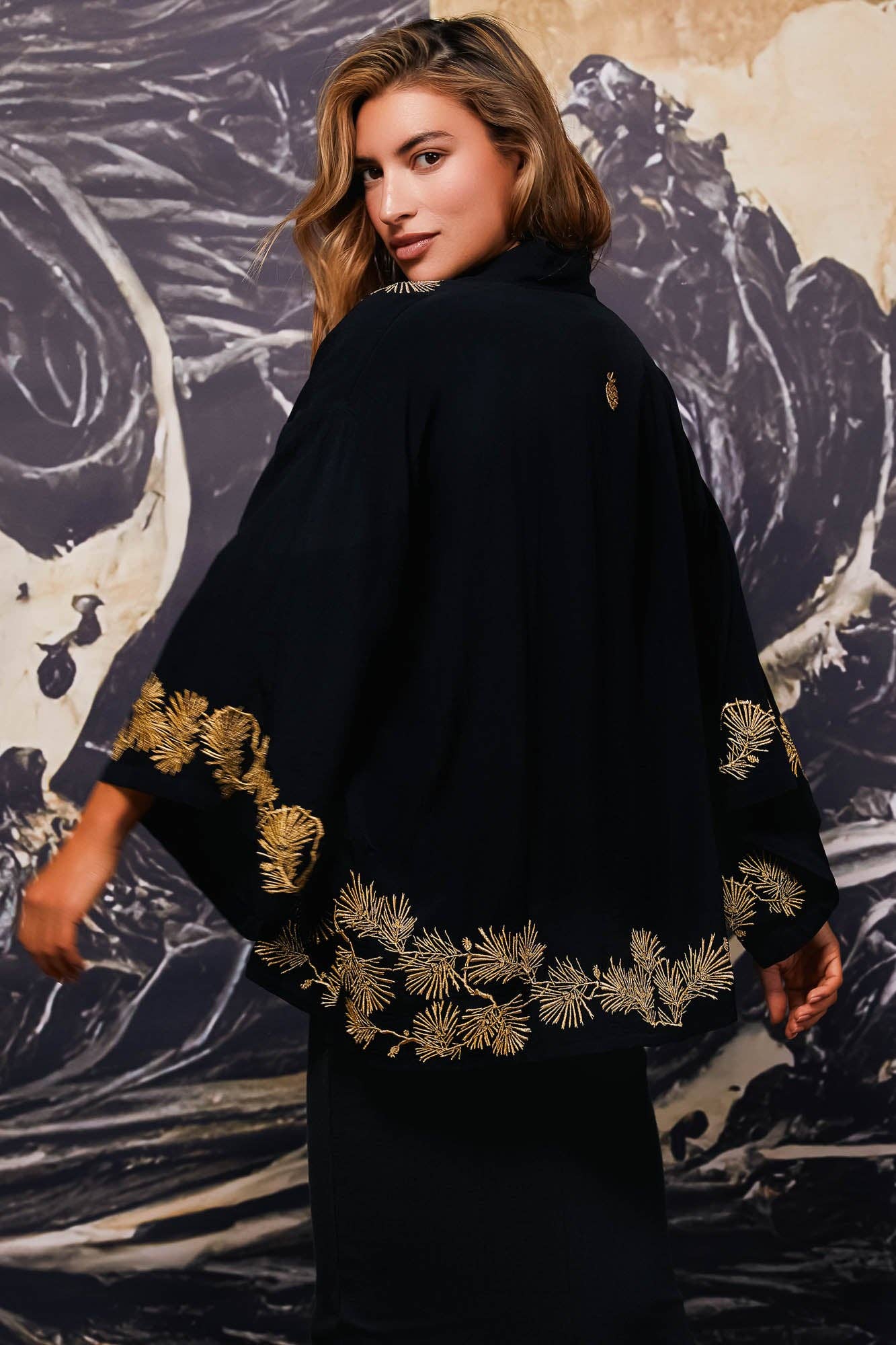 Artemis Muse - Wholesale Kimono - Women's - Japanese Pine Needle Embroidered Black and Gold Fully Lined Short Kimono3
