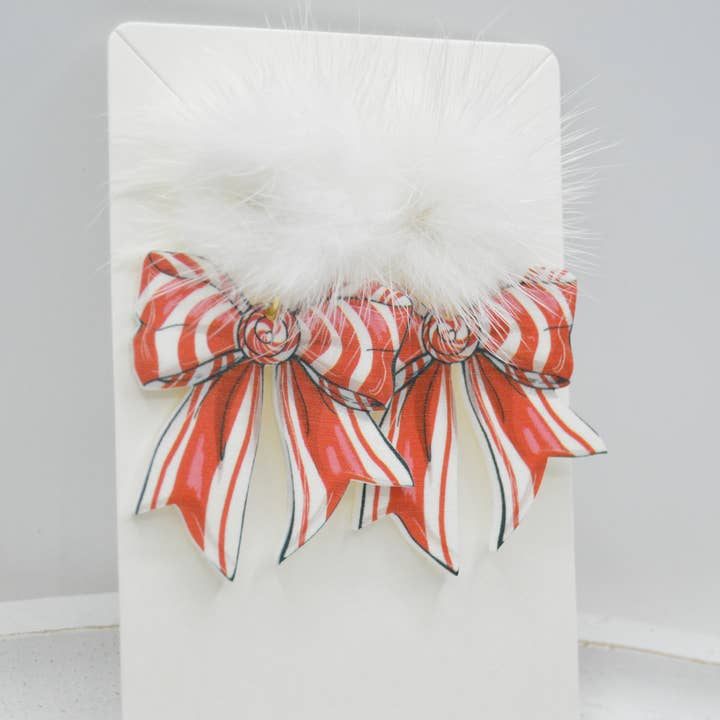 The Adorned Fox - Wholesale Dangle Earrings - Candy Cane Coquette Bow, Christmas Acrylic Earrings1