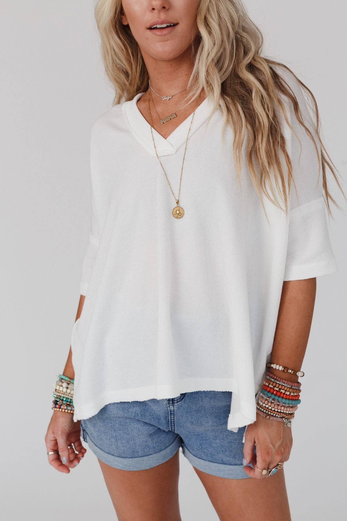 Three Bird Nest - Wholesale Knit Top - Women's - On The Go V Neck Ribbed Essential Tee - Off White9