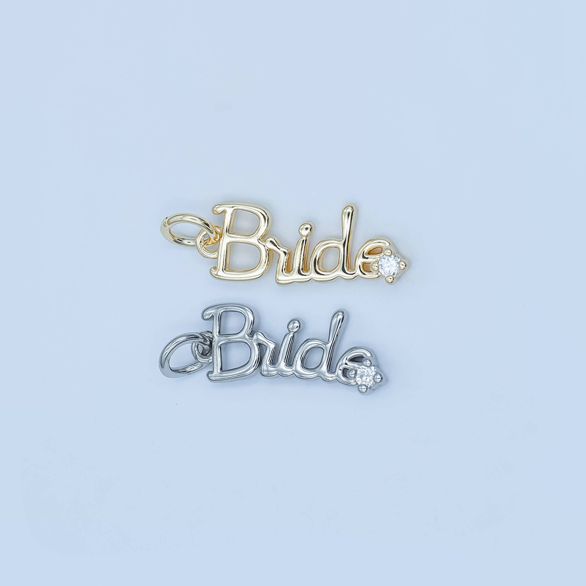 Aim Eternal – wholesale Individual charm/pendant – 24K Gold Filled "Bride" Cursive Script CZ Charm in Gold & Silver | N0914