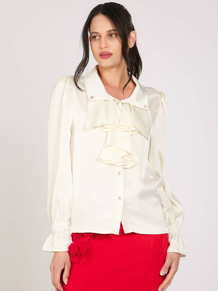 Front Ruffled Satin Button Down Blouse PM2102 for wholesale by Beulah Style