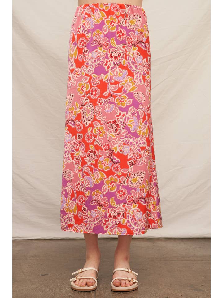 Pink Multi Floral Print Satin Midi Skirt for wholesale on Faire