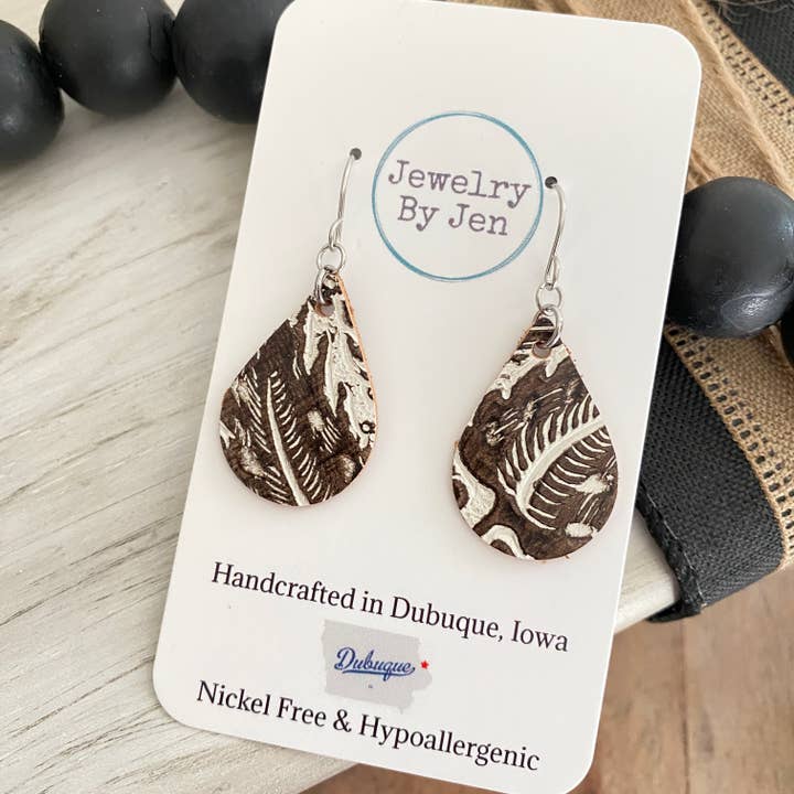 Jewelry By Jen - Wholesale Dangle Earrings - Small Teardrop Earrings: Cream & Brown Tooled1