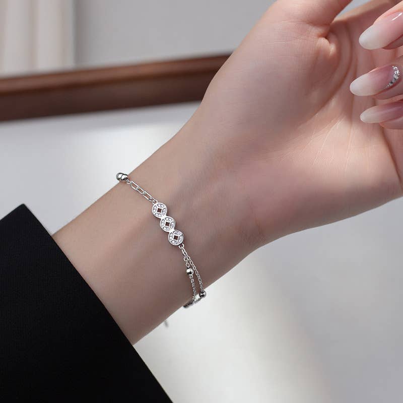 Gemscape UK - Wholesale Charm/Dangle Bracelet - Silver Coin Bracelet - Dainty, Light Weight chain style7