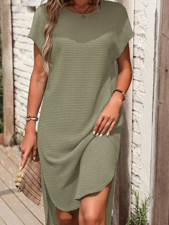 Green Waffle Texture Curved Hem Side Slit T-shirt Dress for wholesale on Faire