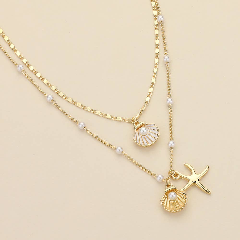 Sensibling Corp. - Wholesale Pendant/Charm Necklace - Pearl Shell Metal Starfish Pendant Pearl Station Chain Layered Necklace0