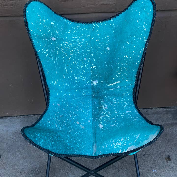 Turquoise Acid Wash Silver Cowhide butterfly Chair for wholesale by Western Linens