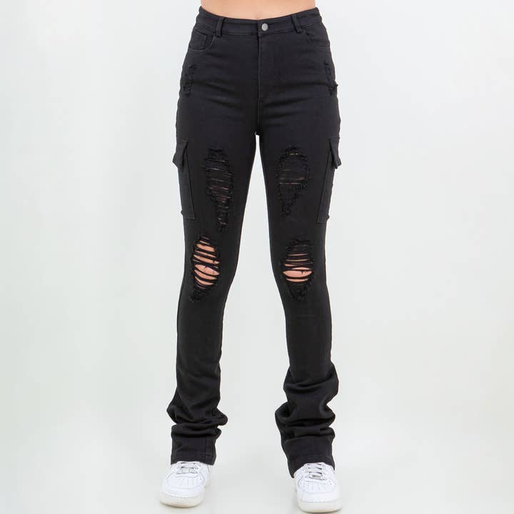 DISTRESSED CARGO POCKET STACKED PANTS-RJH9758 for wholesale by American Bazi