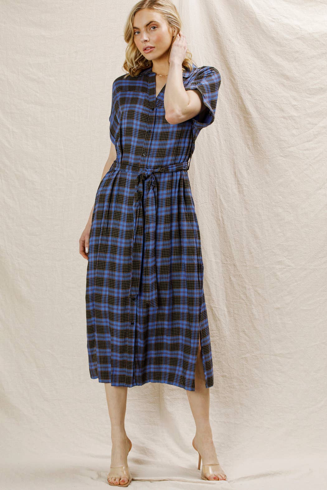 BLUE BLACK Plaid Button Down Belted Shirt Dress for wholesale on Faire1