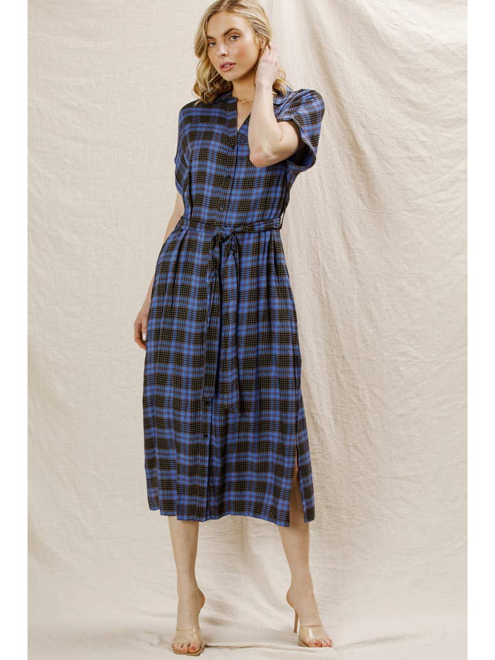 BLUE BLACK Plaid Button Down Belted Shirt Dress for wholesale on Faire1