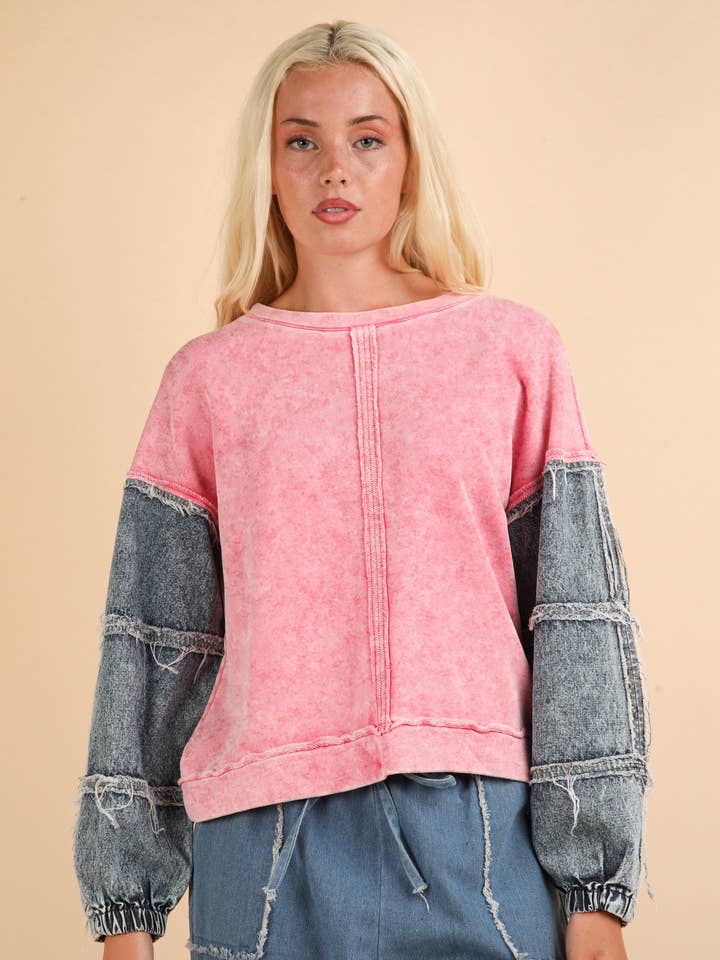 VERY J - Wholesale Knit Top - Women's - NT11776-Acid Washed Oversized Denim Sleeve Casual Top