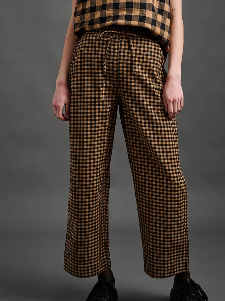 Emmy Drawstring Pant Black and Tan Small Gingham for wholesale by Mata Traders