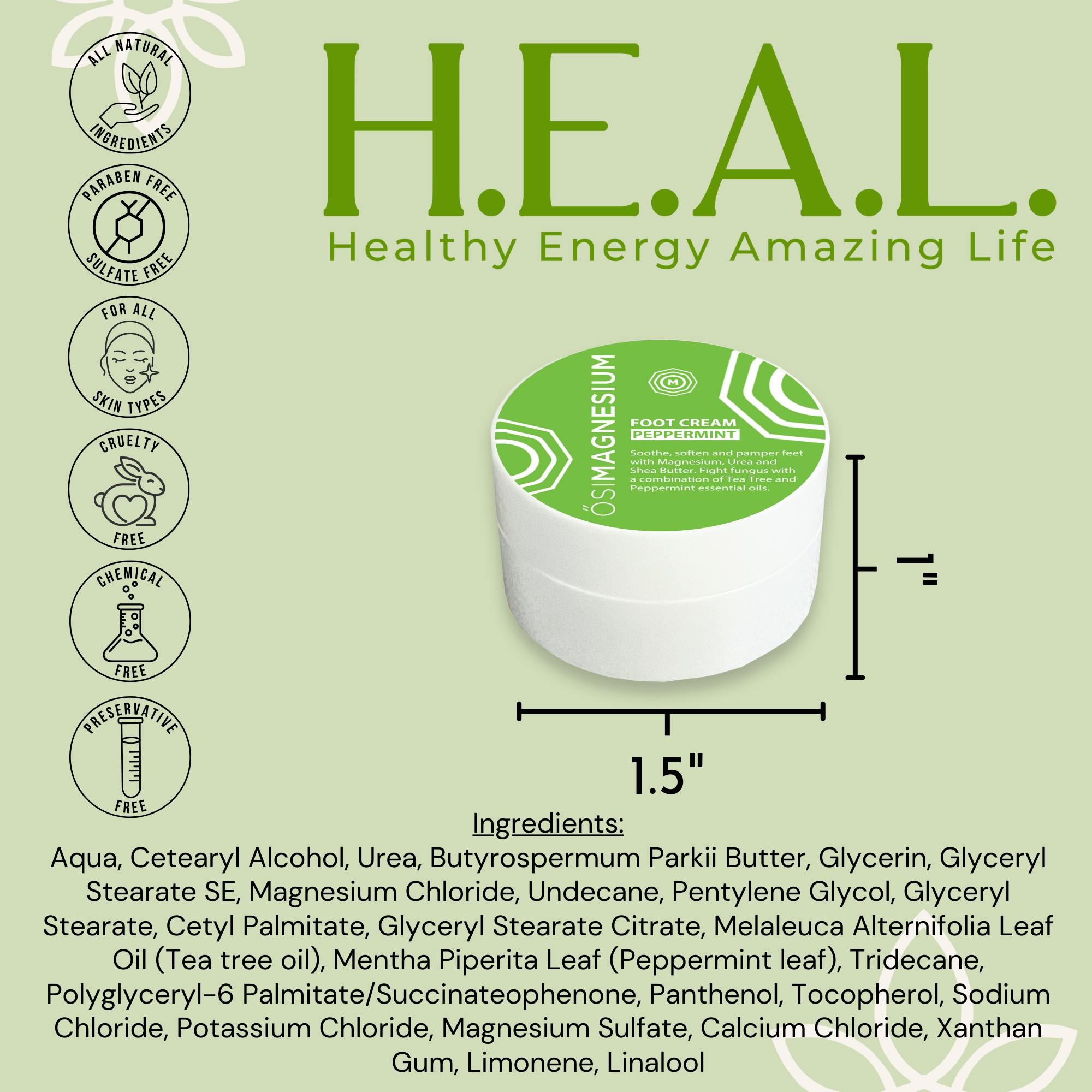 Healthy Energy Amazing Life - Vente Crème pour les pieds - Crème pour les pieds à l'arbre à thé et à la menthe poivrée ŐSIMAGNÉSIUM - ÉCHANTILLON DE 0,25 oz1
