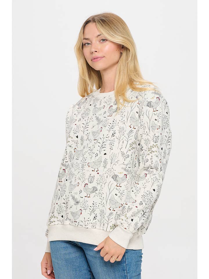 SM WARDROBE - Wholesale Sweatshirt - Women's - ROOSTER FLORAL PRINT SWEATSHIRT