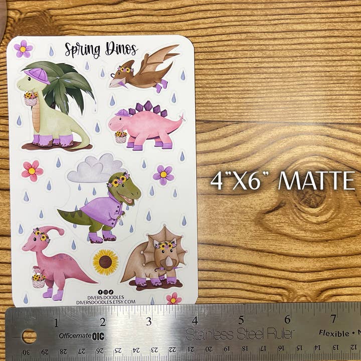 4"x6" Dinosaur Sticker Sheet, Spring Rain and Flowers for wholesale by Divers Doodles