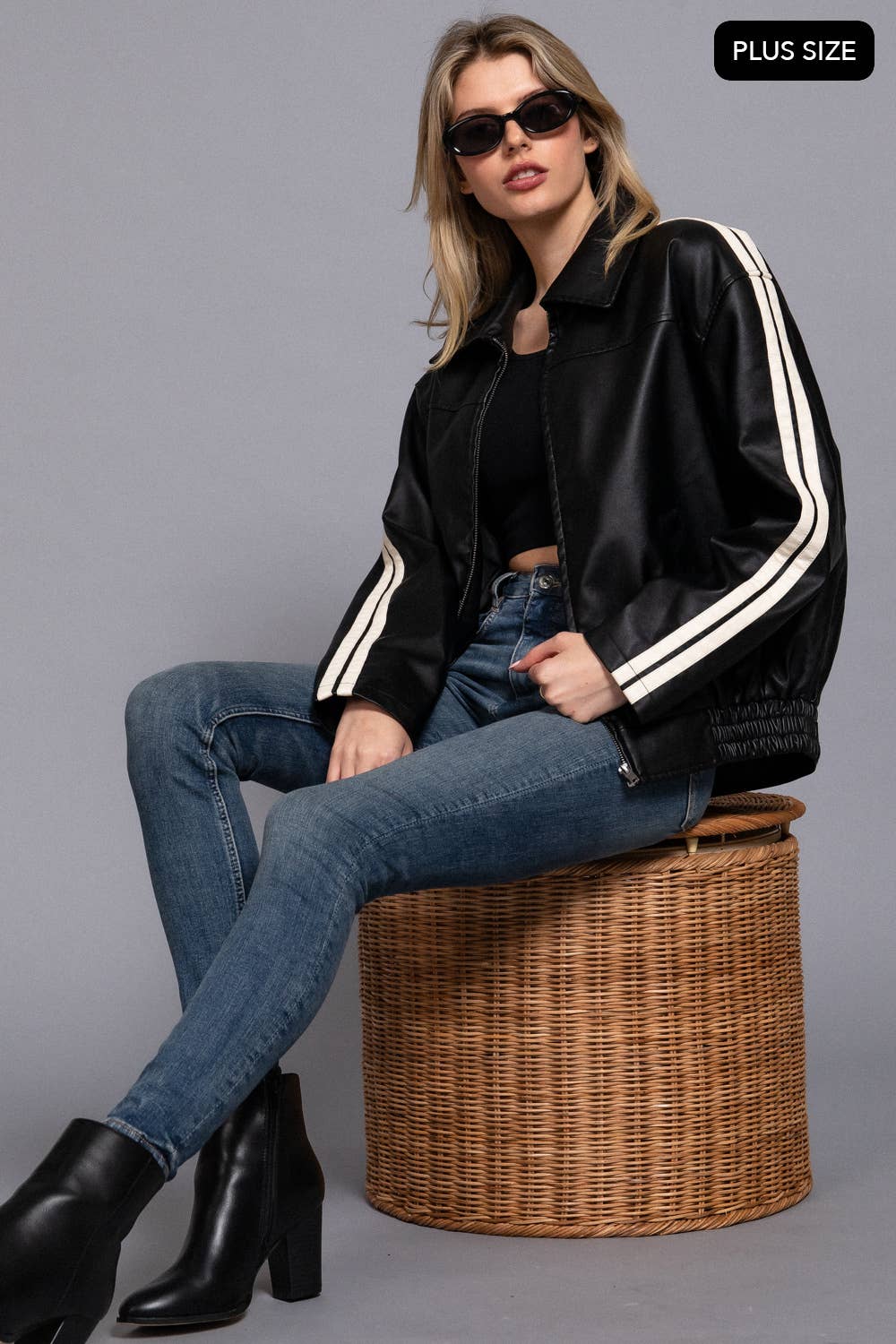 Active Basic | Active USA - Wholesale Leather Jacket - Women's - [PLUS SIZE] Long Sleeve Line Detail Faux Leather Jacket3