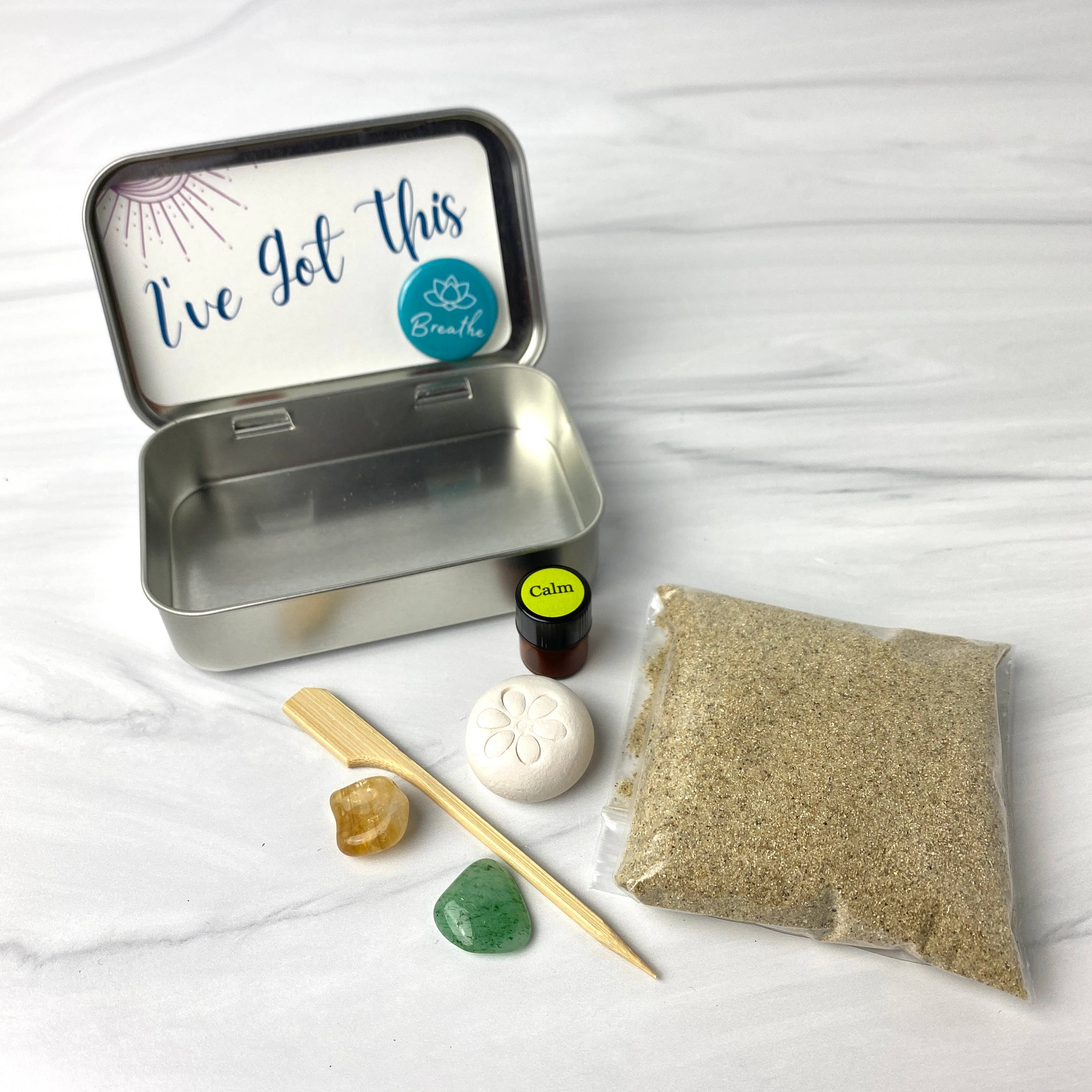 Blooming Light Botanical Alchemy, llc - Wholesale Meditation Supplies - A Moment of Zen Kit, a miniature aromatherapy zen garden kit4