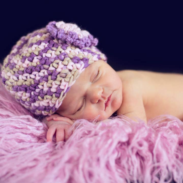 Lavender Knubby Crocheted Handmade Heirloom Baby Gift Hat for wholesale by The Daisy Baby LLC