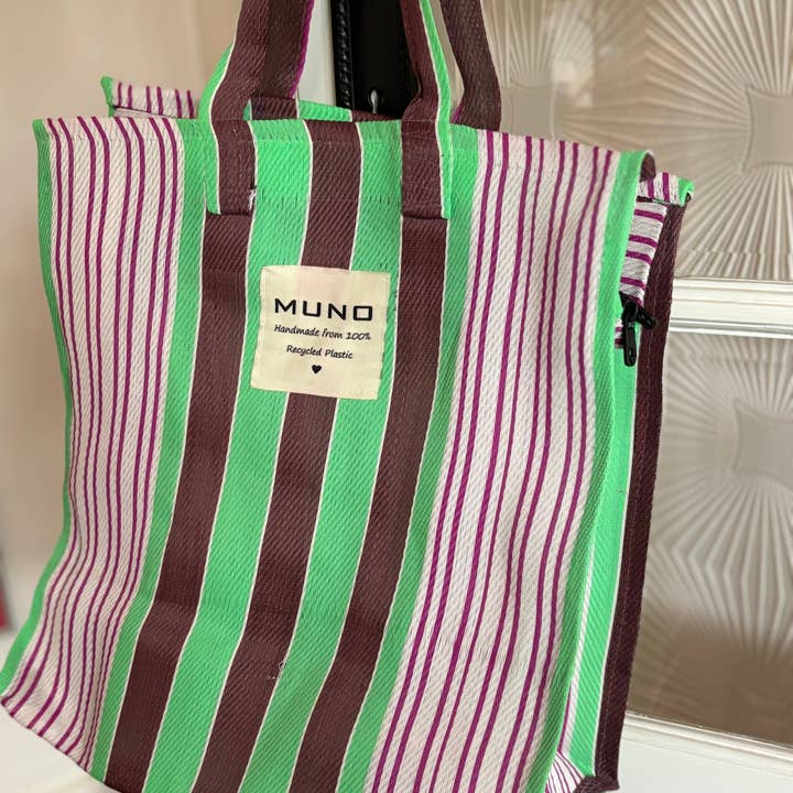 Handmade Recycled Nylon Shopping Bag - Green & Brown for wholesale by Muno