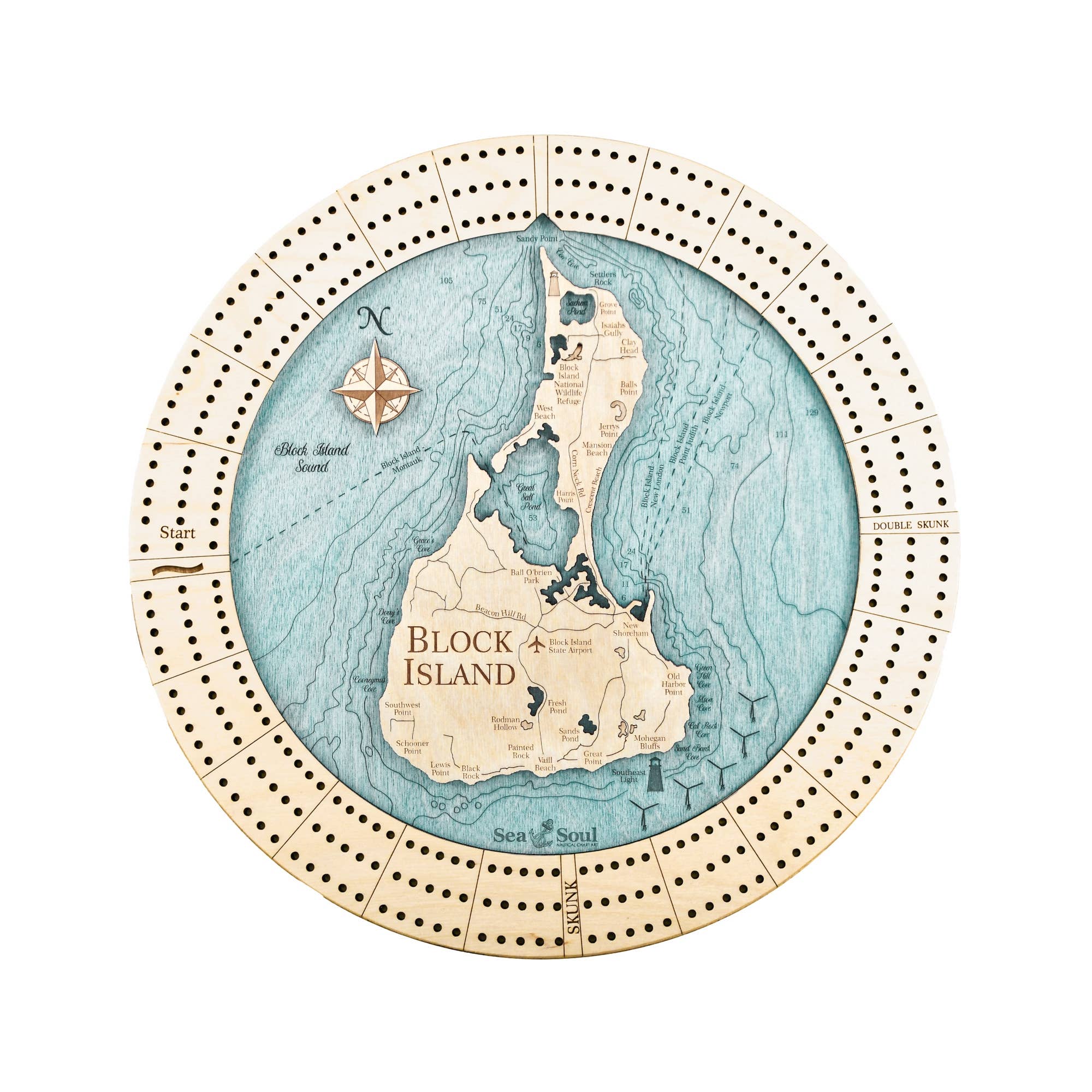 Sea & Soul Nautical Chart Art - Vente Jeux de cartes - Planche de cribbage en bois nautique personnalisée de Block Island9