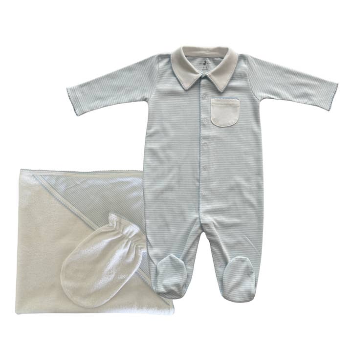 Coffret cadeau Bath Time Pima en coton à rayures bleues (serviette+chausson) pour la vente par Pim Baby