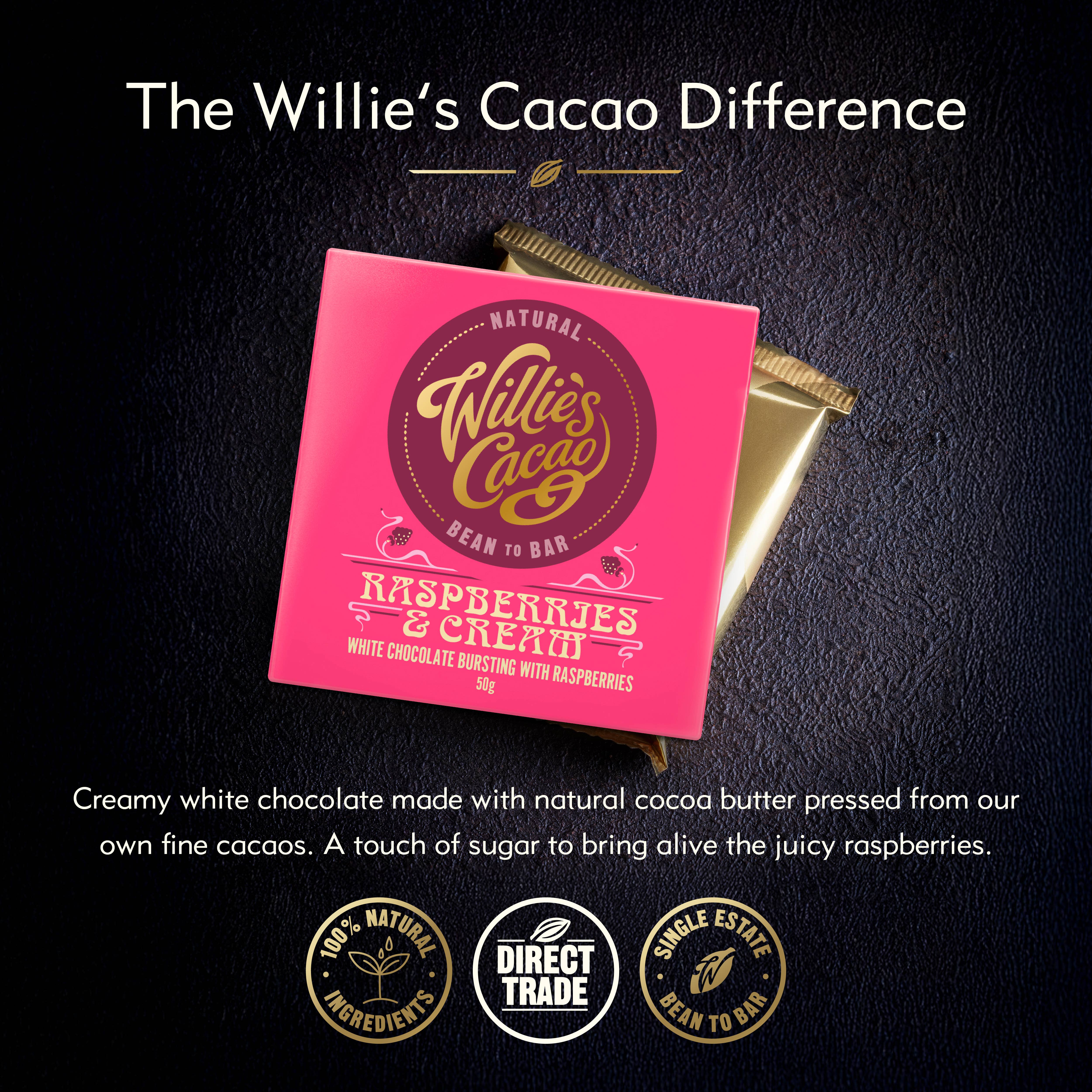 Willie's Cacao - Vente Barre chocolatée - Framboises & Crème. Chocolat blanc aux framboises 50 g1