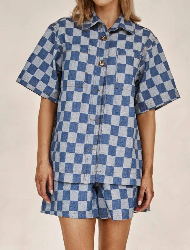 BLUE Checked Shirt and Shorts Co-Ord Set for wholesale on Faire3