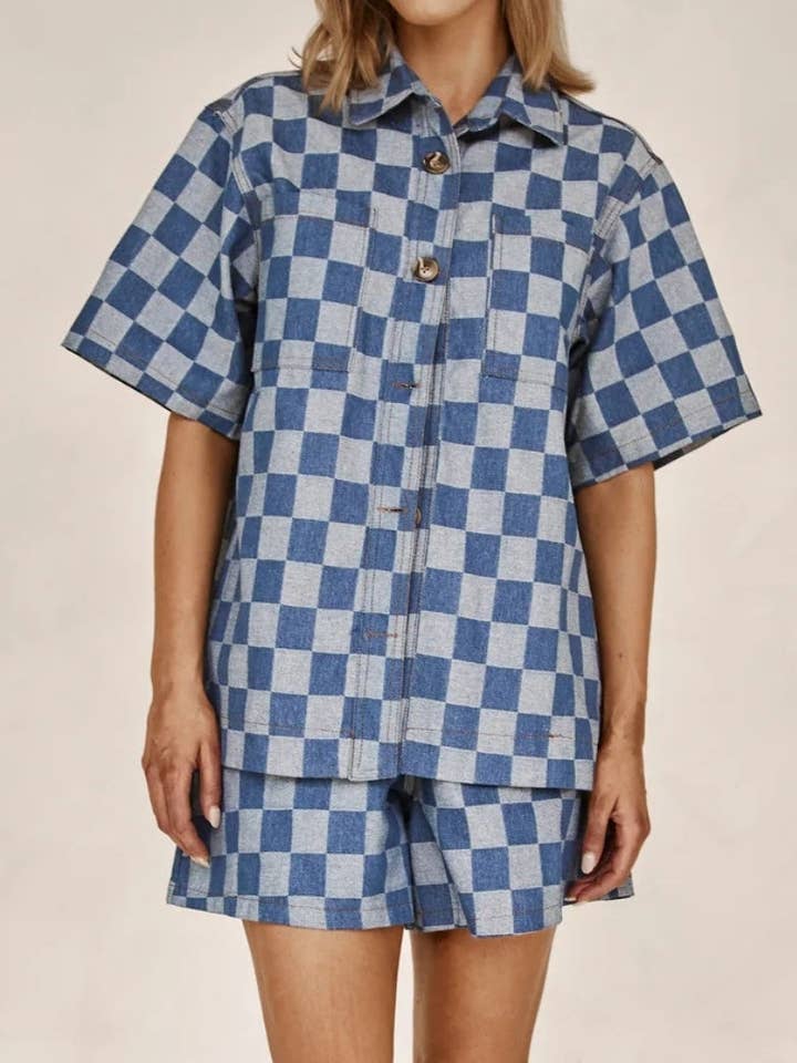 BLUE Checked Shirt and Shorts Co-Ord Set for wholesale on Faire3