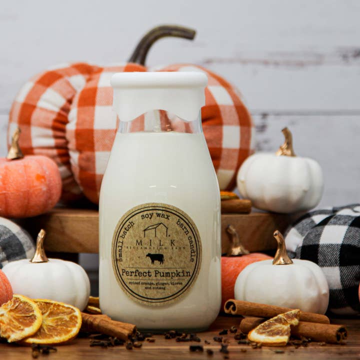 Milk Bottle Candle Perfect Pumpkin for wholesale by Milk Reclamation Barn