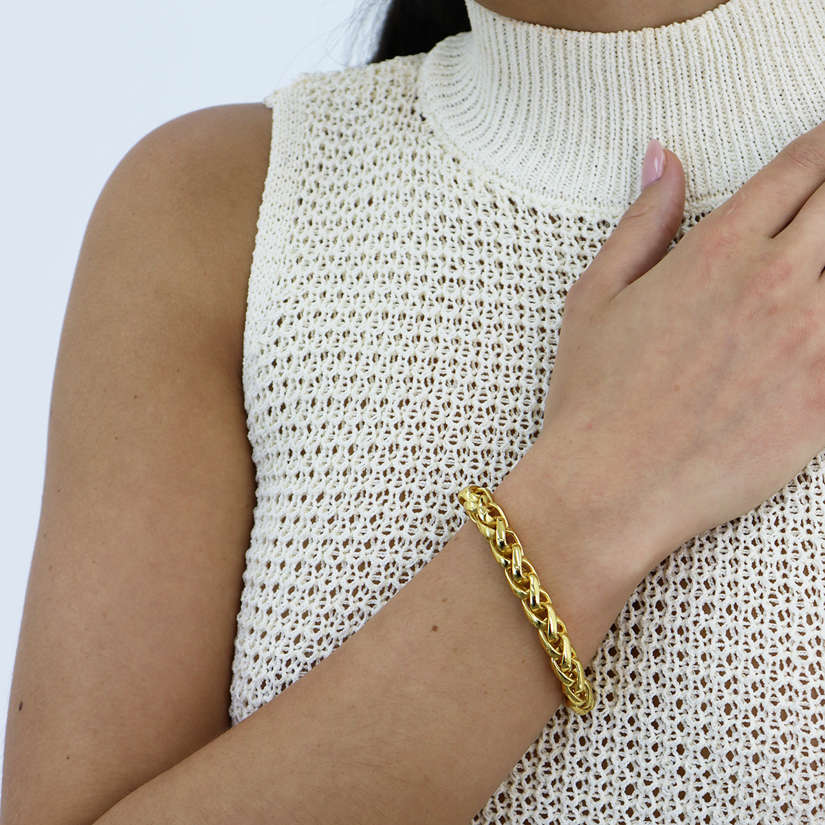 KARINE SULTAN – Pulseira de elo e corrente por atacado – Pulseira de Corrente em Camadas com Elo Trançado - Banhada a Ouro 24K3